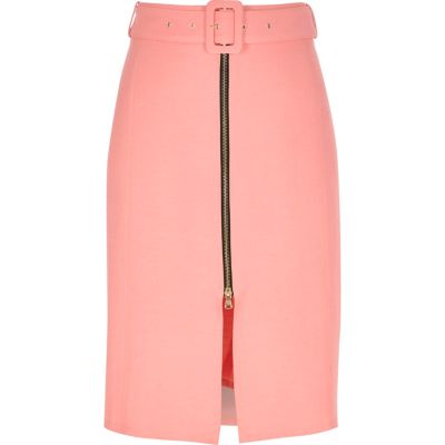Pink belted A-line midi skirt